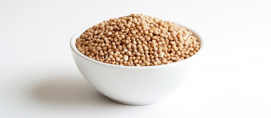 Bowl of raw sesame seeds on white background with copy space for text or other design elements