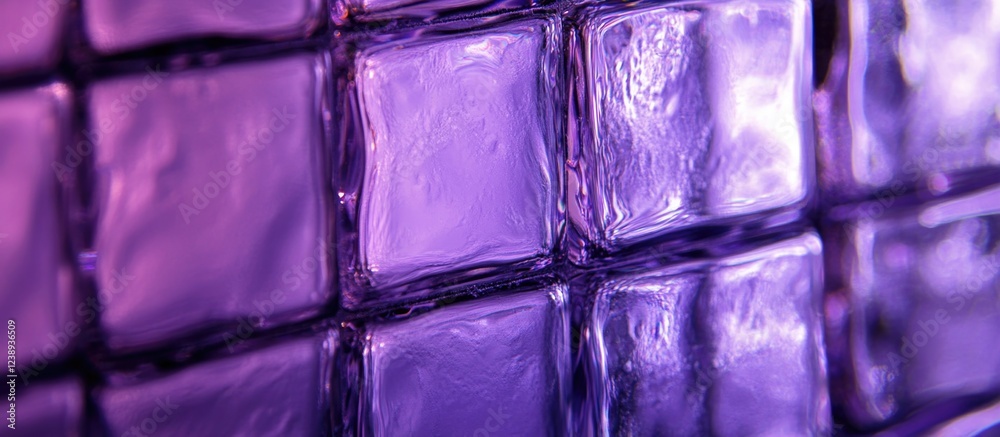 Poster close-up view of purple colored ice cubes with reflections creating an abstract background ideal for