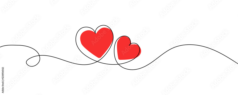 Poster One continuous line drawing of two hearts isolated on transparent background. Editable stroke. Vector illustration 