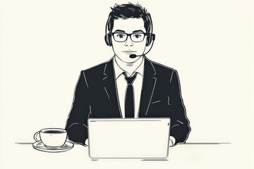 A focused individual engages in a virtual meeting, wearing a headset and formal attire while enjoying coffee at a workspace