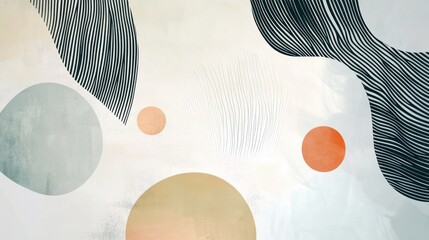 Abstract art with soft pastel circles and wavy lines on a light background.