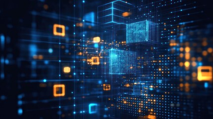 Abstract digital data network with glowing cubes and lines.