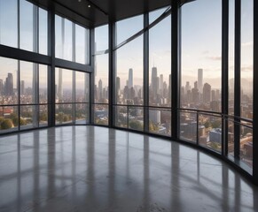 Fototapeta premium Large, floor-to-ceiling windows with stunning city views and modern glass railings, contemporary feel, panoramic views