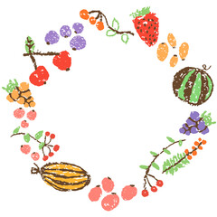 Hand drawn fruit vegetables round frame border pattern. Healthy food background. Crayon like kid`s style colorful bright funny cartoon doodle. Vector pastel chalk or pencil childlike berries, melon