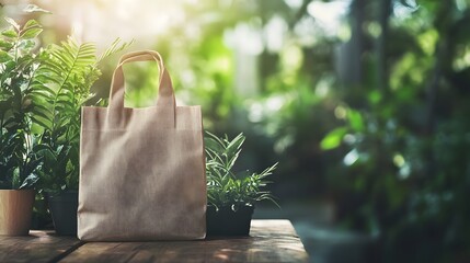 Eco-friendly Biodegradable Bag Mockup with Lush Greenery Background for Sustainable Lifestyle Branding