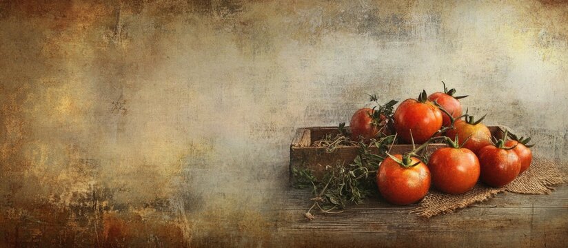 Fresh ripe tomatoes arranged in a rustic wooden crate on a textured background with ample copy space.