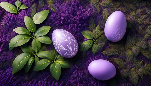 3 easter eggs are mendacity on a floor adorned with purple plants and green leaves