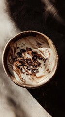 Protein bowl with creamy peanut butter and rich chocolate shavings. A delicious, high-protein meal perfect for fitness enthusiasts and health-conscious eaters. Styled on a pastel background. 