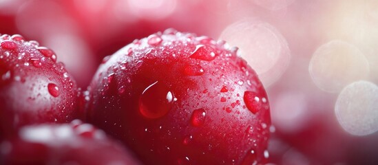 Fresh red cherries with water droplets on a textured background blurred bokeh effect Copy Space