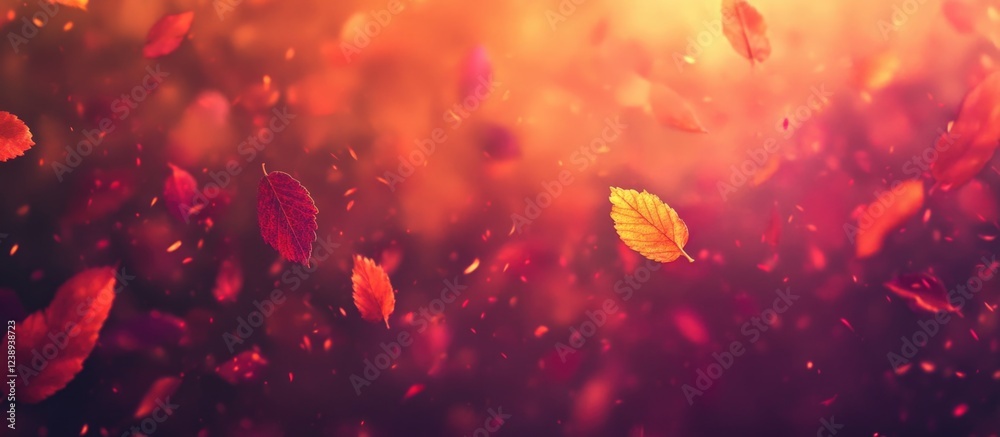 Poster autumn leaves falling with warm colors creating an abstract background with soft focus and bokeh eff