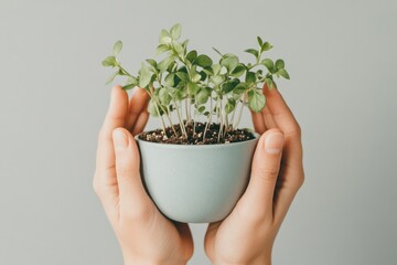 Hands Hold a Small Earth With Sprouts, Symbolizing Growth and Care for the Planet in Soft Light on a Neutral Background