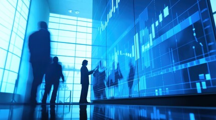 Bearded man trader wearing eyeglasses sitting at desk at office monitoring stock market looking at monitors analyzing candle bar price flow touching chin concerned trading concept close-up