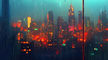 Rainy night cityscape viewed through rain-streaked window. (1)