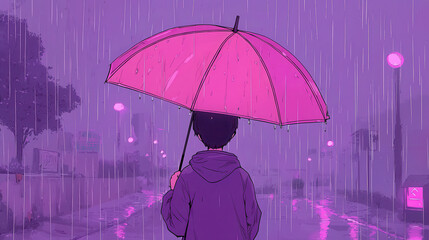 boy holding pink umbrella in rain, surrounded by neon lights, evokes sense of solitude and wonder, lofi anime for music video