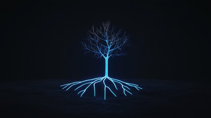 Glowing Neon Tree with Vibrant Roots on Dark Background