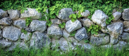 Stone Wall with Green Ivy and Grass Background