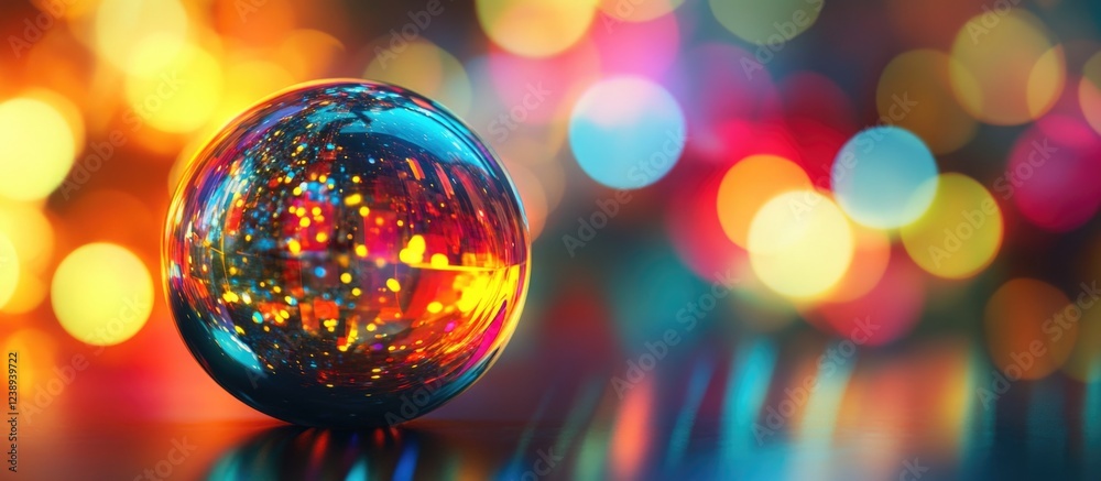 Poster colorful glass sphere reflecting lights with blurred bokeh background and shallow depth of field cre