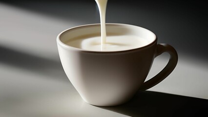 Pouring White Fresh Milk Inside Cup On Modern White Table Under Daylight