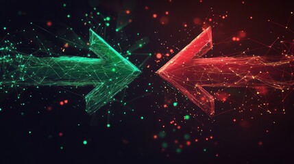 Abstract opposing arrows in green and red, representing conflict or opposing forces.