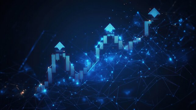 Upward trending graph with glowing nodes and lines, representing growth and progress in business, finance, or technology.