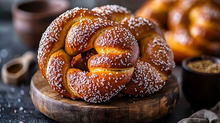 Twisted Braided Bread with Sparkling Sugar Grains on Rustic Wooden Surface Closeup View.