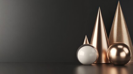 Fototapeta premium Metallic cones and spheres on dark background.