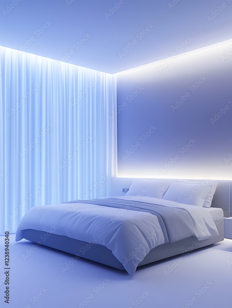Poster a futuristic ai-controlled smart bedroom with ambient lighting and modern design elements.