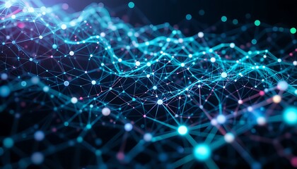 Glowing blue network of interconnected nodes, symbolizing blockchain, big data, cybersecurity, artificial intelligence, and futuristic digital technology