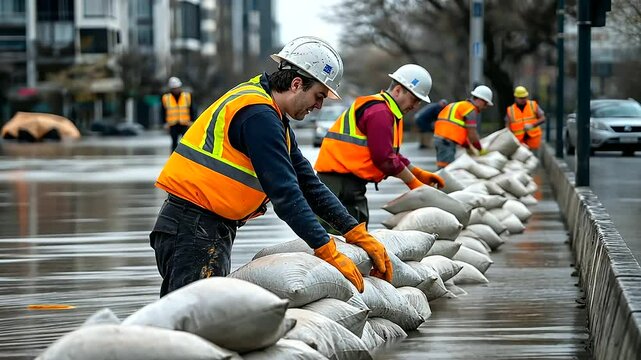 Workers placing sandbags along the riverbank, with floodwaters approaching, demonstrating the urgency of water mitigation efforts.