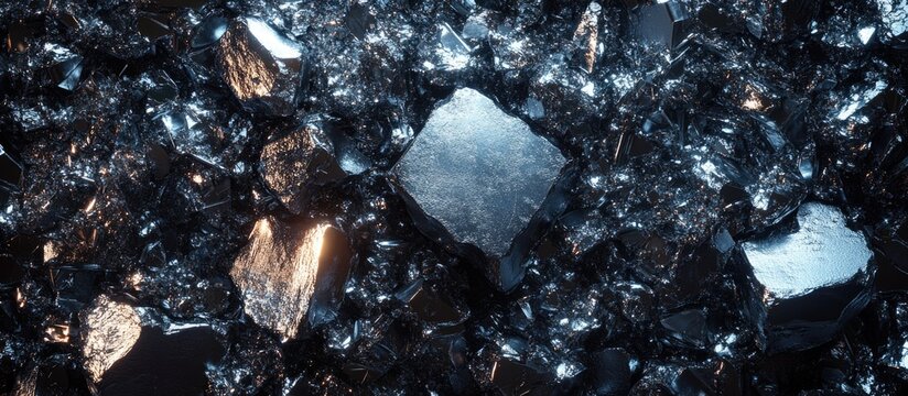 Crystalized mineral surface with reflective shards and angular shapes showcasing light interaction Copy Space