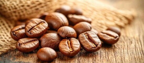 Freshly roasted coffee beans scattered on a wooden surface with burlap fabric in the background Copy Space