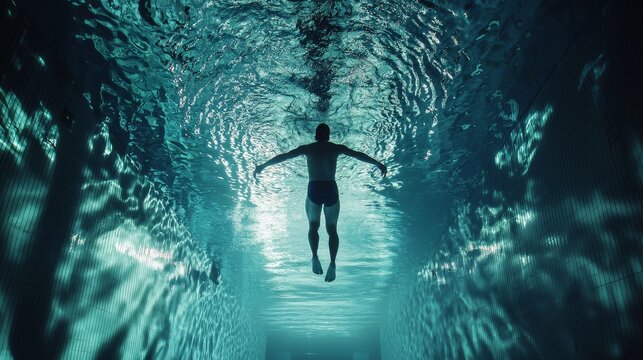 Silhouette of Swimmer Under Water in a Illuminated Pool Scene