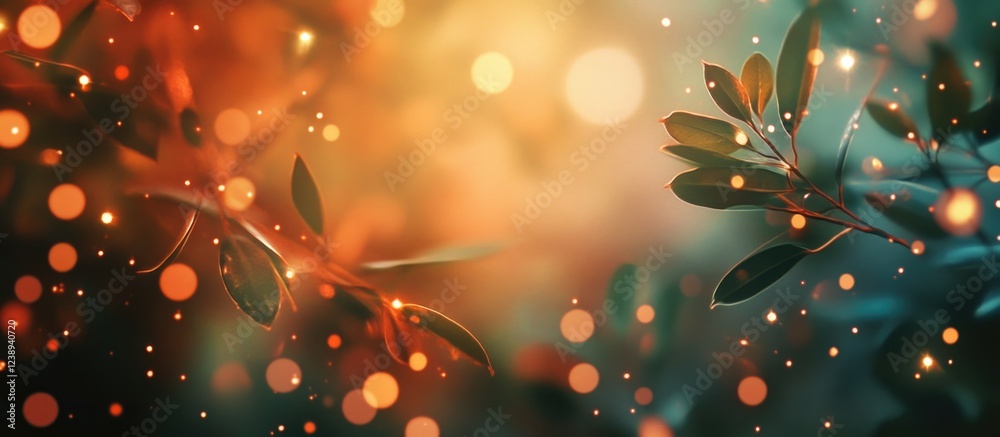 Poster blurred background with colorful bokeh lights and green leaves in foreground suitable for various de