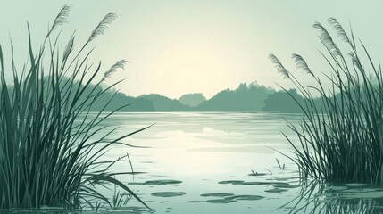 Serene Lake Landscape with Reeds at Dawn