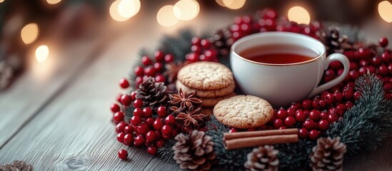 Christmas tea with cookies on a festive wreath surrounded by pine cones and red berries with blurred lights in the background Copy Space