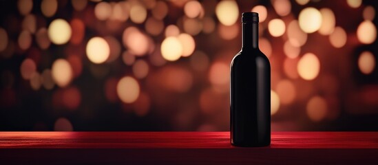 Black wine bottle on a wooden table with blurred colorful bokeh background and warm lighting Copy Space