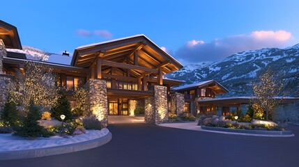 Obraz premium Mountain lodge entrance, twilight, snowy landscape, luxury resort