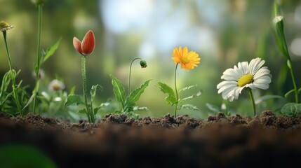 Vibrant close-up of blooming flowers in garden soil with lush greenery and soft natural lighting ideal for nature themes Copy Space