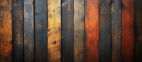 Wooden texture background with various shades of brown, orange, and black planks arranged vertically, suitable for design projects, Copy Space