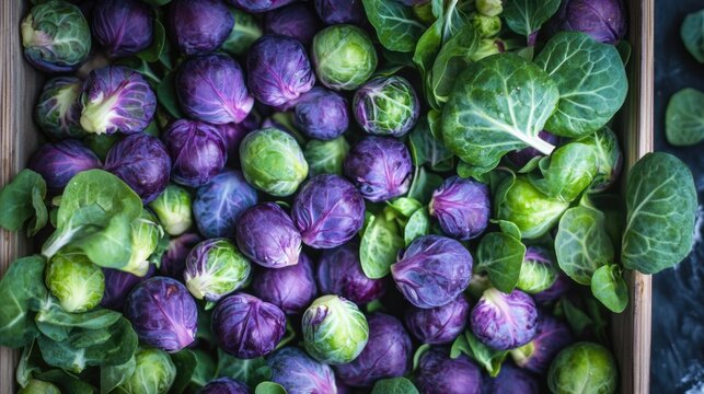 Wooden crate filled with fresh purple and green Brussels sprouts with leaves.