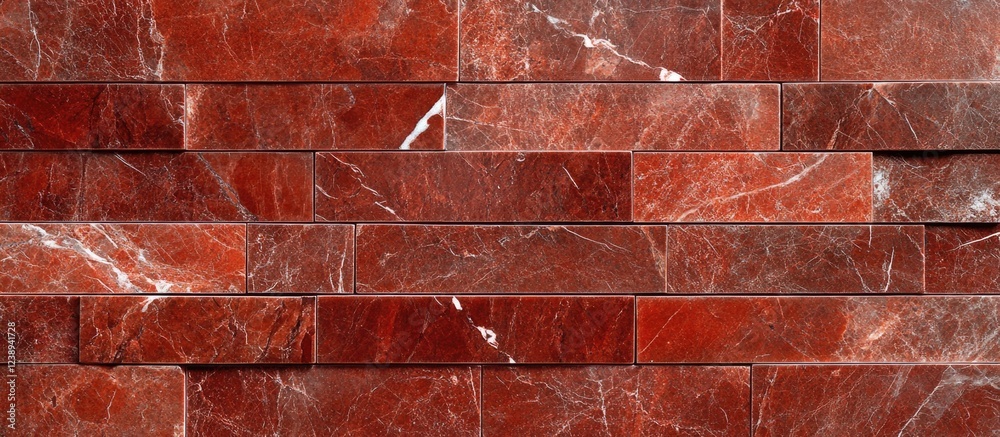 Poster red marble wall texture with rectangular tiles arranged in a modern pattern suitable for background 