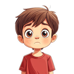 Obraz premium A sad boy with wide eyes wearing a red shirt isolated on transparency PNG background, conveying emotion, useful for illustrations, storytelling, children's books, emotions, and educational content,