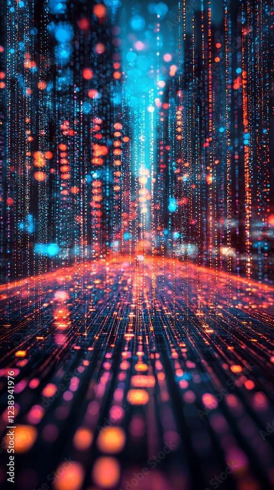Poster bright trails of light dance through a dynamic digital cityscape, creating an enchanting atmosphere 