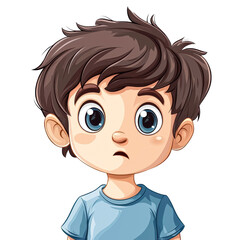 Obraz premium A cute cartoon boy with wide eyes and a surprised expression isolated on transparency PNG background, wearing a light blue shirt, Ideal for children's books, educational materials