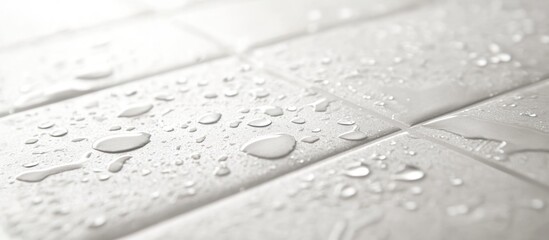 Water droplets on white ceramic tiles surface with shallow depth of field and soft lighting, copy space