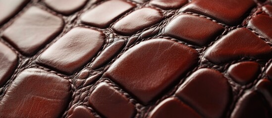 Fototapeta premium Detailed close-up of luxurious dark brown crocodile leather texture with visible seams and polished surface ideal for fashion and upholstery use