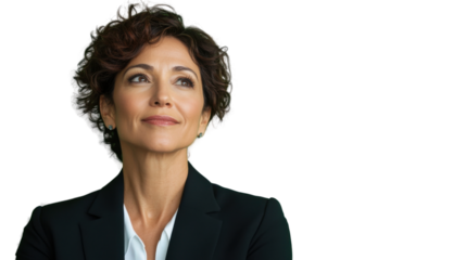 Businesswoman looking up expressing hope and confidence on transparent background