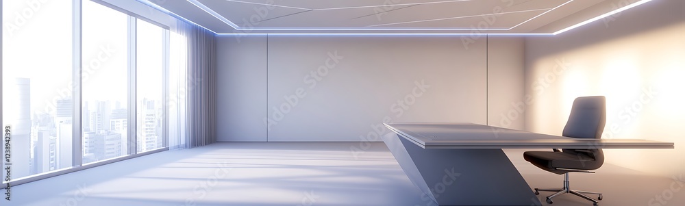 Aufkleber futuristic office space featuring a geometric ceiling design, ideal for modern workspace concepts.