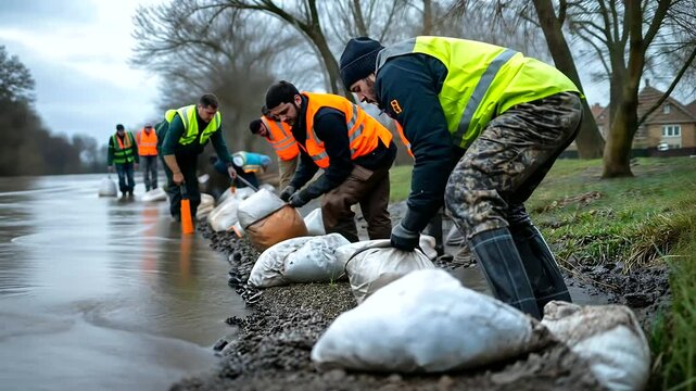 A community coming together to fill sandbags by the riverbank, working as a team to safeguard homes from potential flooding.
