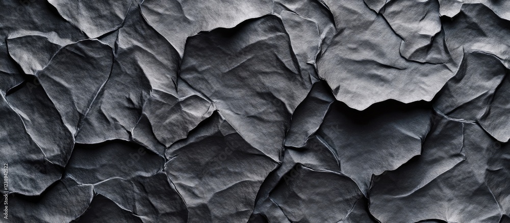 Poster textured crumpled black paper background with varying shapes and shadows suitable for design use wit